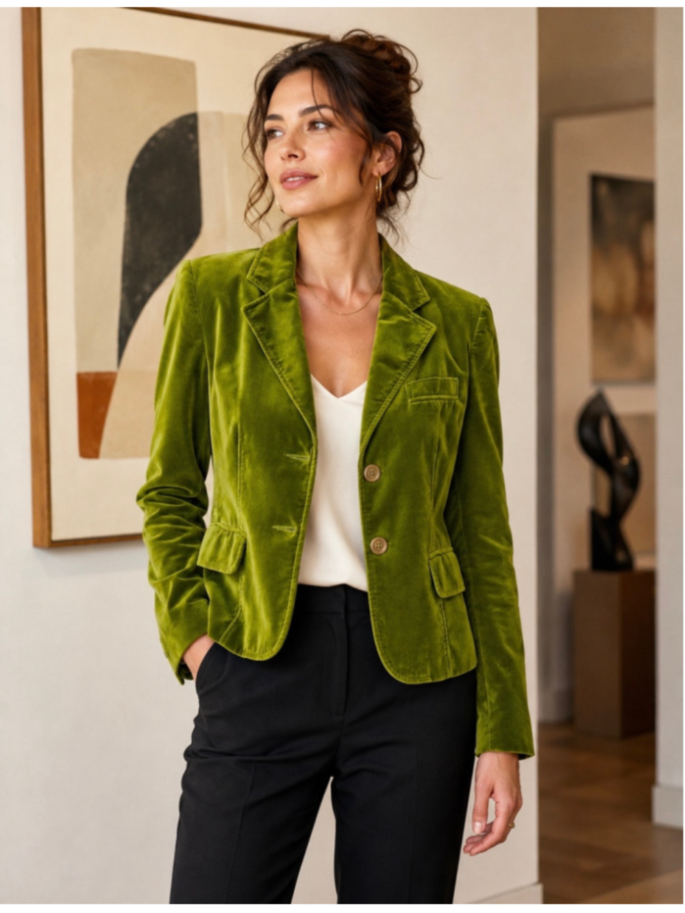 Studio 1940 Chartreuse Olive Green Velvet Blazer Women’s Large Statement Jacket